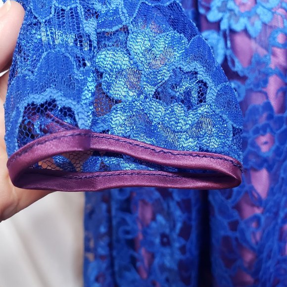 Vintage Formal Blue Lace Dress Purple Trim And Bows Union Made Prom 80s Retro - Picture 5 of 10